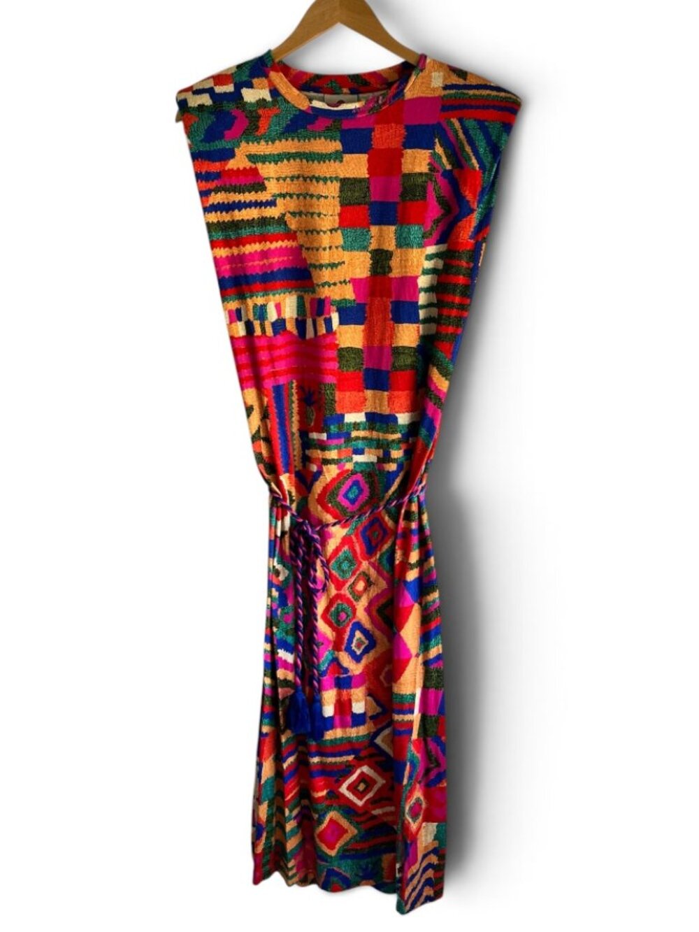 Farm Rio Multicolor Mixed Patchwork Midi T-Shirt Dress with Tassel Belt Size Sma